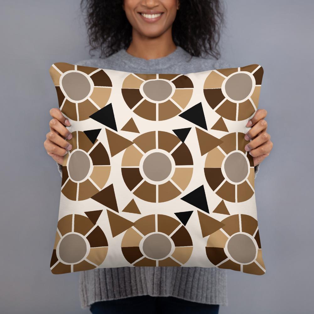 Modern Geometric Throw Pillow – 18x18” Brown, Beige & Black Accent on Light Tan Background