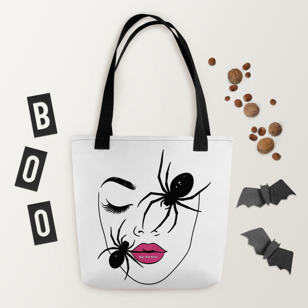 White “Haunted Beauty” Halloween Tote Bag – 15”x15” Artistic Woman’s Face with Black Moths