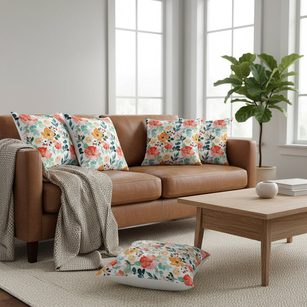 Floral Throw Pillow – 18x18” Pink, Green & Orange Flowers on White Background