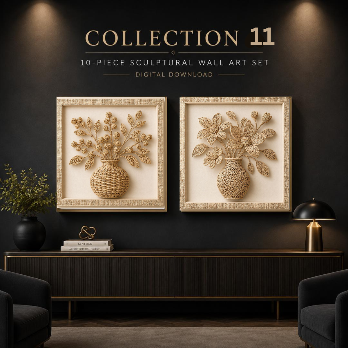 Luxury Woven Floral Wall Art Set of 10 | Sculptural Botanical Gallery Collection | 6 Square & 4 Portrait Digital Prints | 40 Premium Files