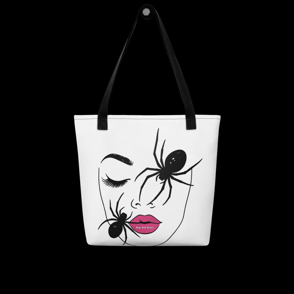 White “Haunted Beauty” Halloween Tote Bag – 15”x15” Artistic Woman’s Face with Black Moths