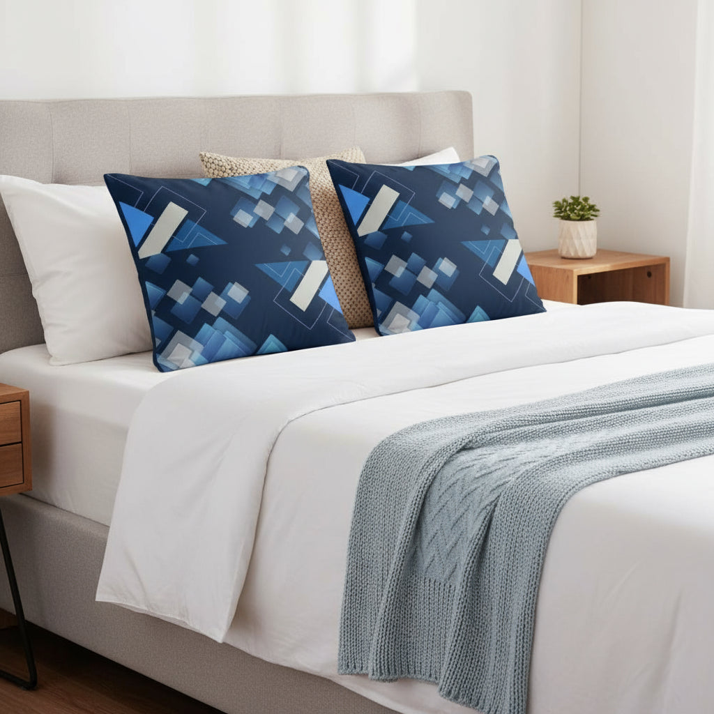 Royal Blue Throw Pillow with Abstract Shapes – 18x18” | Geometric Light Blue, Gray & White Design
