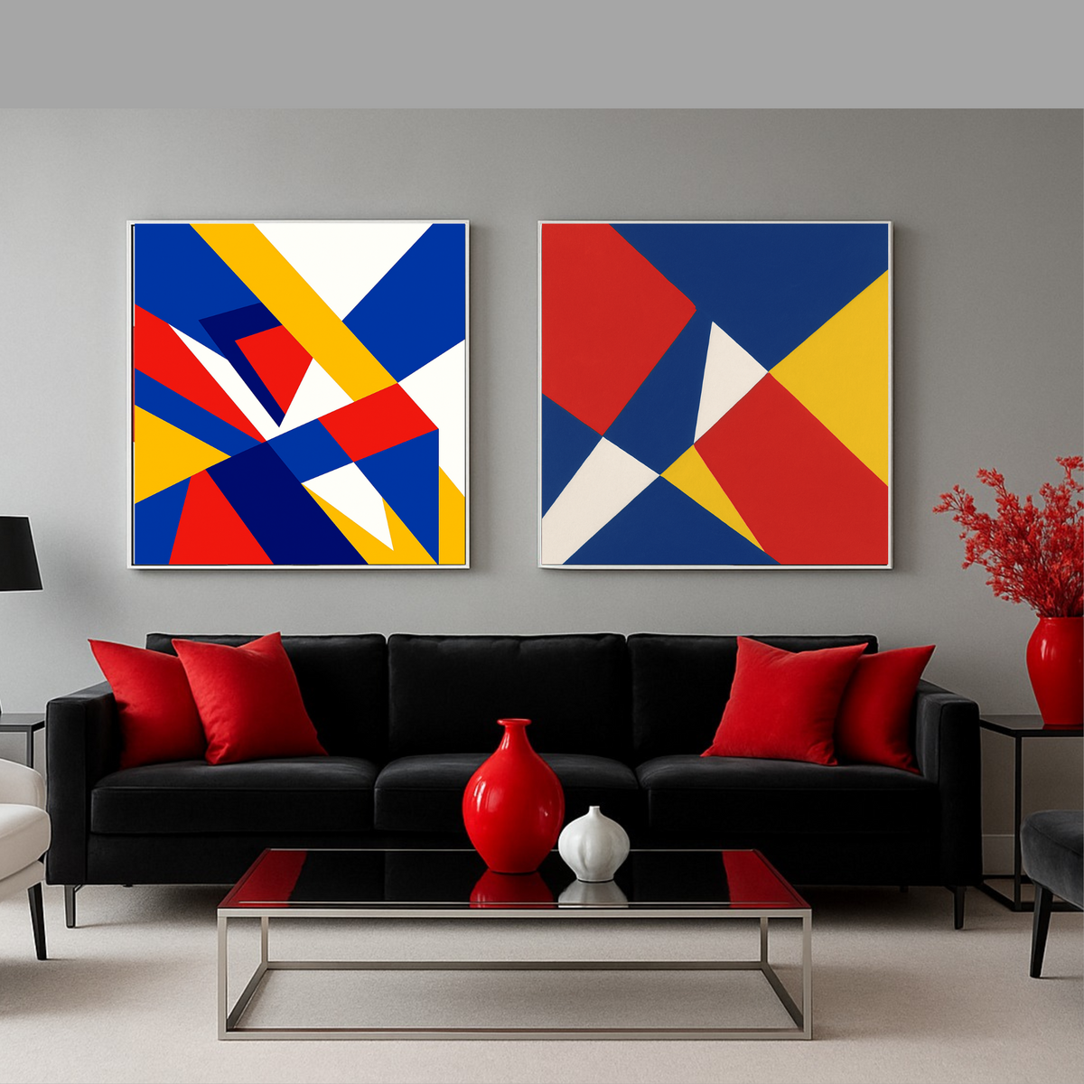 Abstract Wall Art – Square Canvas in White, Yellow, Blue & Red (20x20, 24x24, 36x36 Inches)(2 set Digital Download)