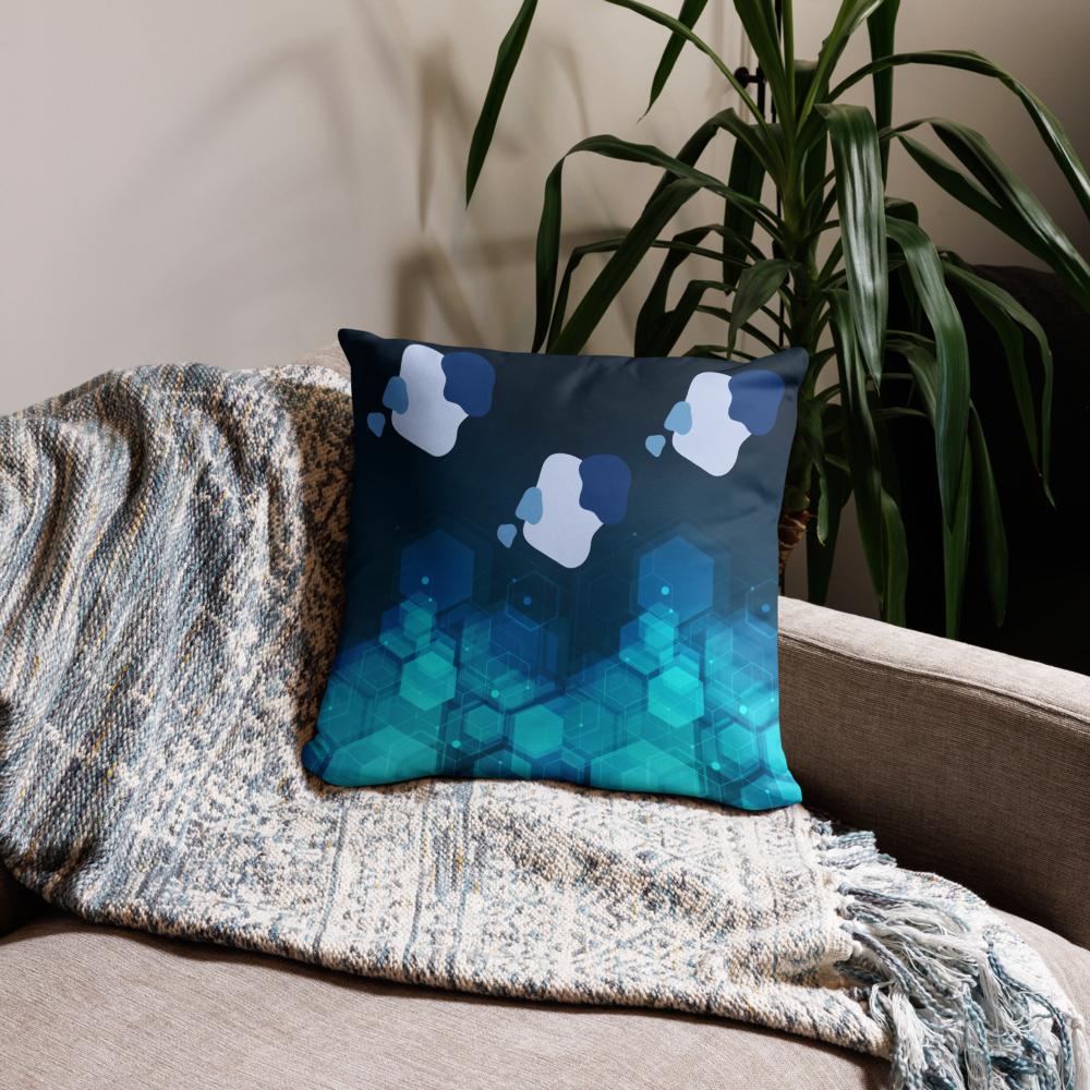 Dark Blue Throw Pillow with Geometric Shapes – 18x18” | Green, Blue & Gray Modern Design