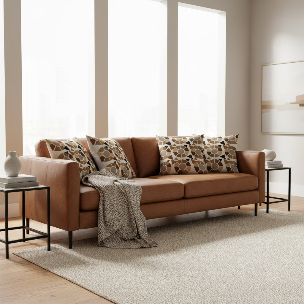 Modern Geometric Throw Pillow – 18x18” Brown, Beige & Black Accent on Light Tan Background