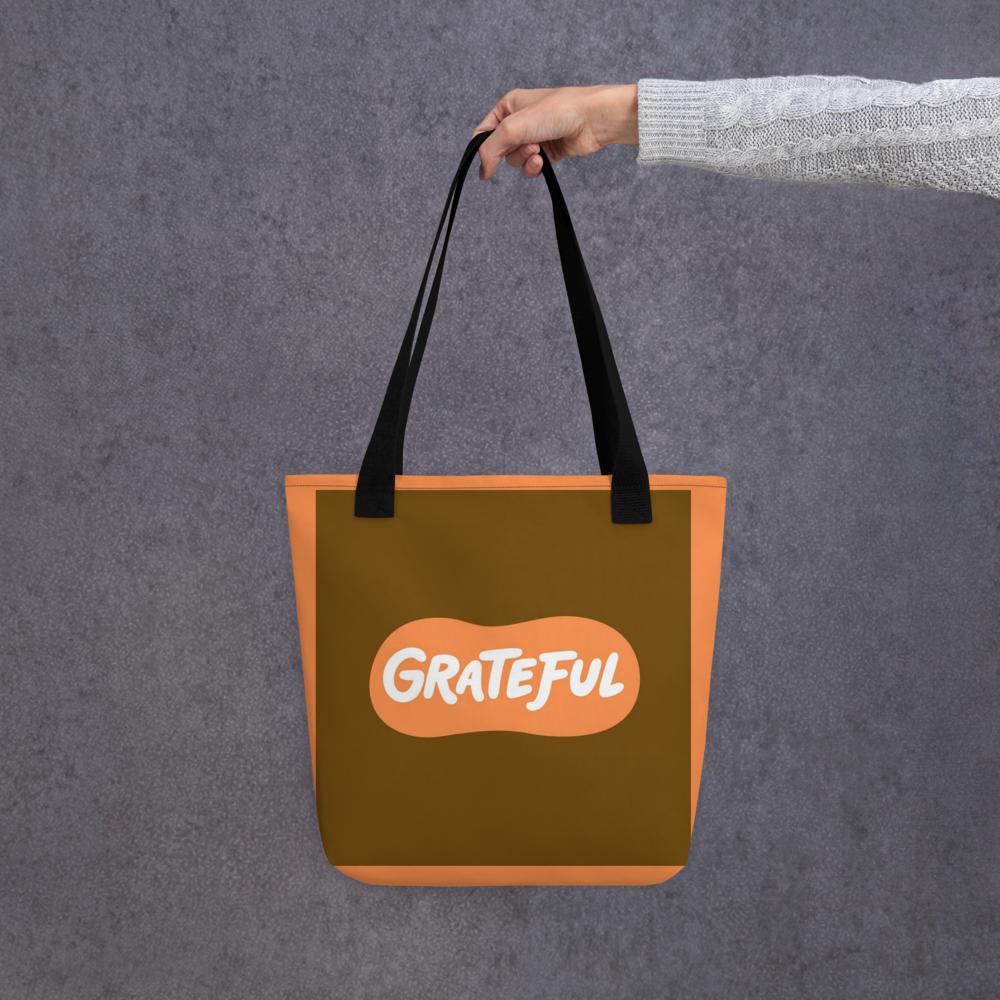 Brown & Orange “GRATEFUL” Tote Bag – 15”x15” Thanksgiving & Everyday Carryall