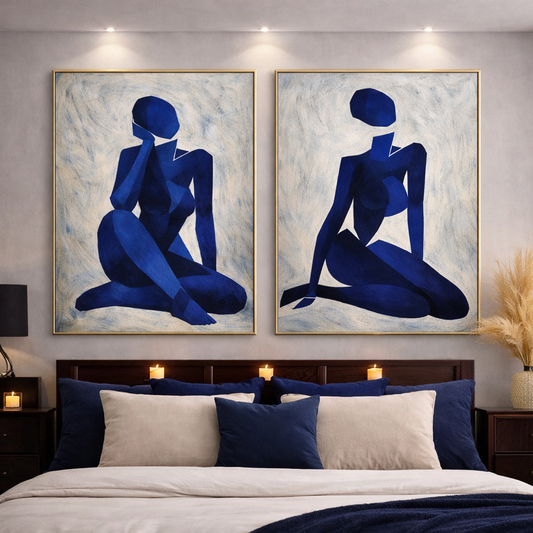 Blue Abstract Feminine Wall Art Set of 2 – Modern Minimalist Navy Figure Prints – Contemporary Bedroom Decor