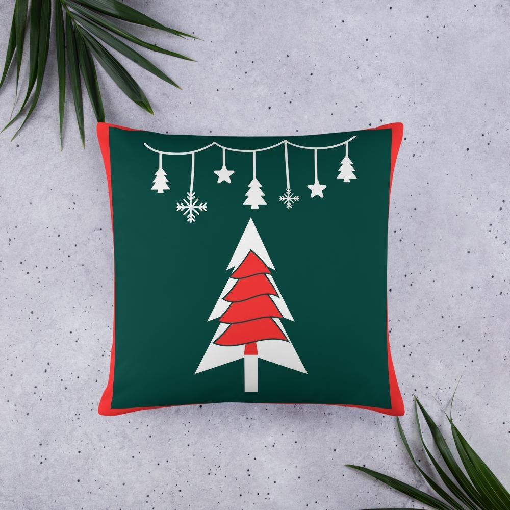 Festive Green & Red Christmas Tree Throw Pillow – 22x22” Holiday Cushion for Living Room & Bedroom Decorating