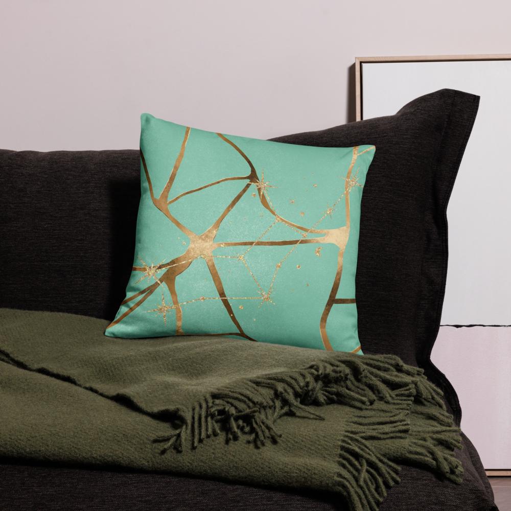 Green Throw Pillow with Gold Patterns – 18x18” | Elegant Luxe Accent Cushion