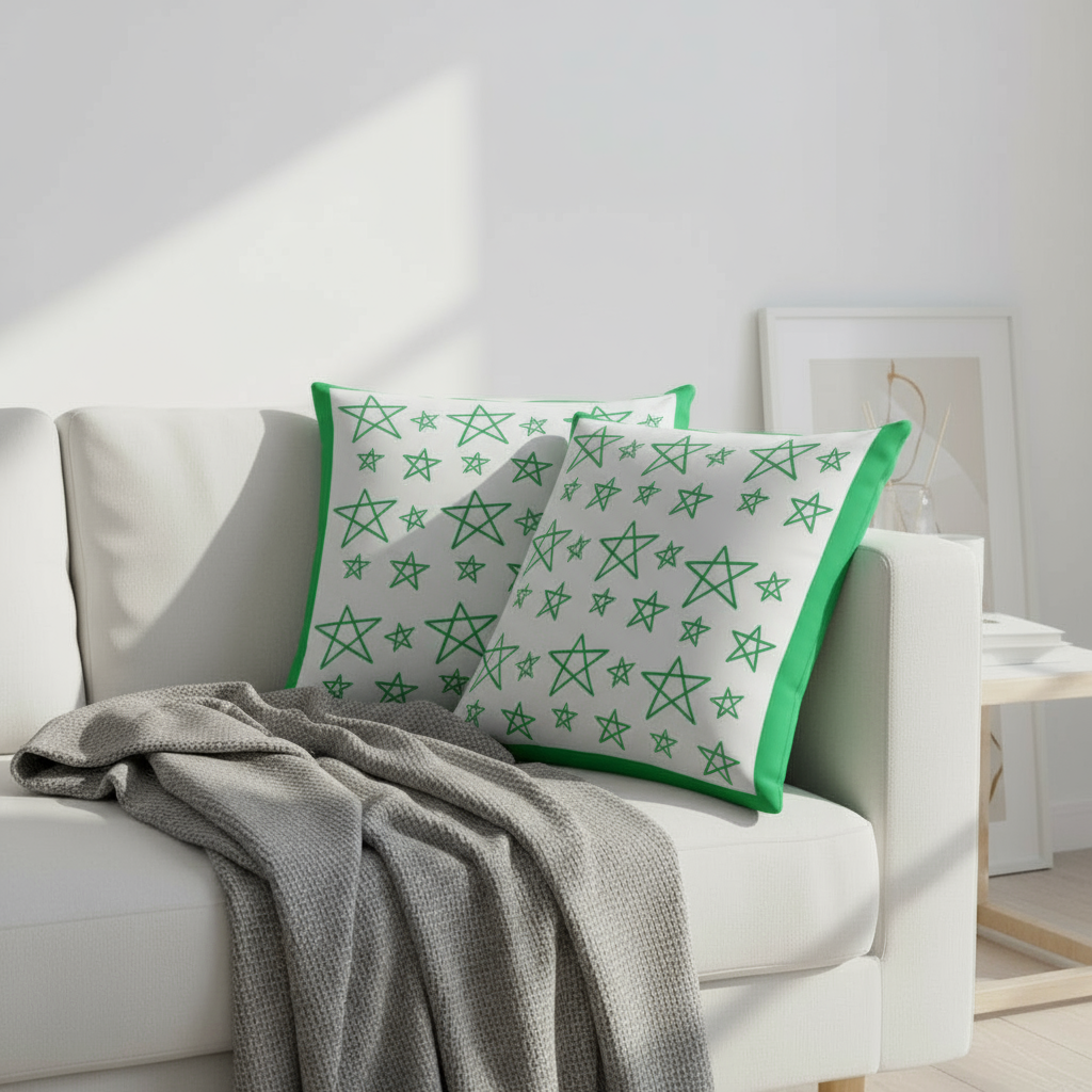 22x22 Green & White Star Throw Pillow – Modern Cushion with Green Borders