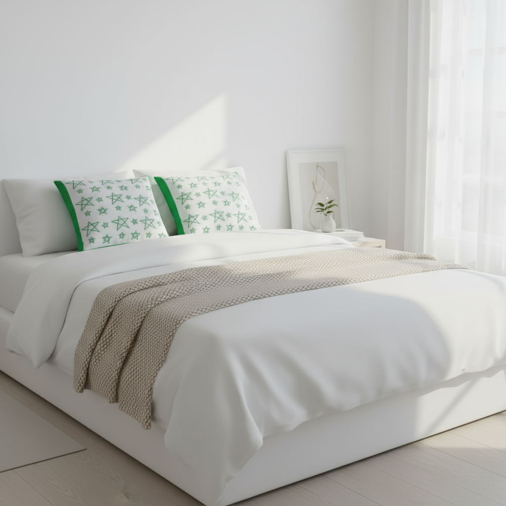22x22 Green & White Star Throw Pillow – Modern Cushion with Green Borders