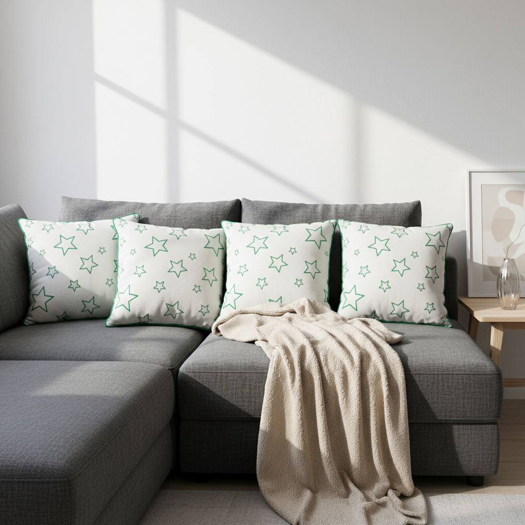 22x22 Green & White Star Throw Pillow – Modern Cushion with Green Borders