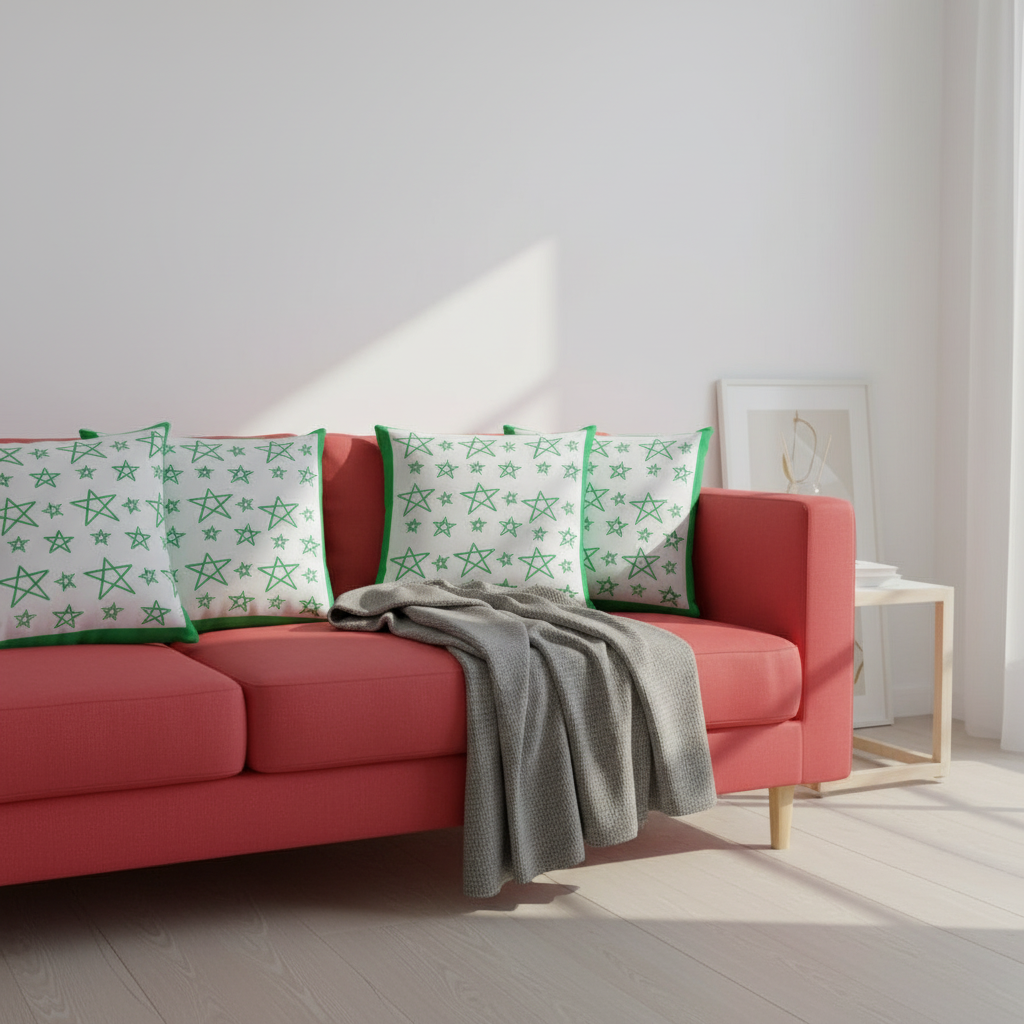 22x22 Green & White Star Throw Pillow – Modern Cushion with Green Borders
