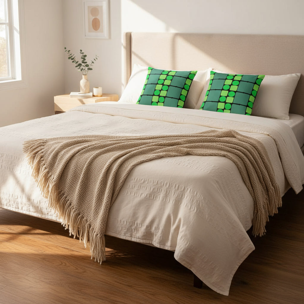 Green Geometric Throw Pillow – 18x18” Square, Circle & Triangle Pattern for Modern Home Décor