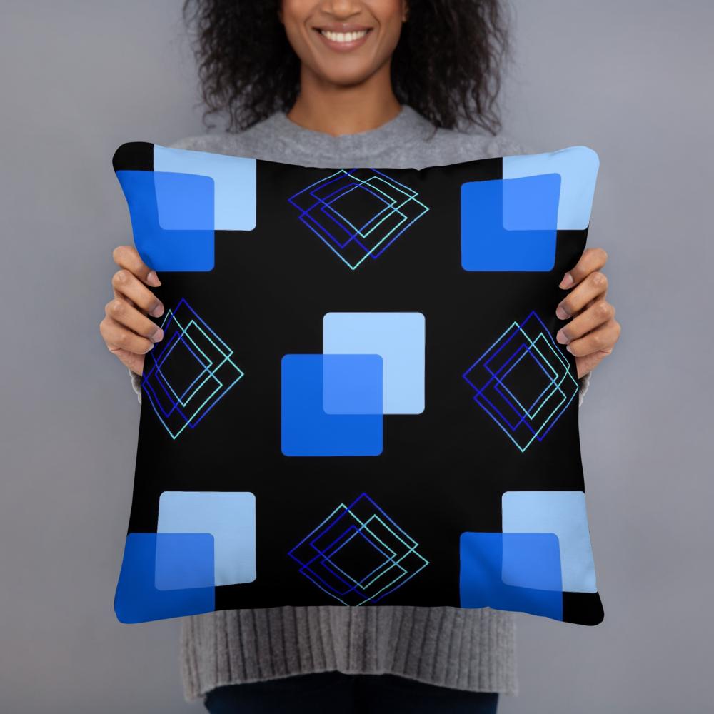 Geometric Blues Throw Pillow – 18×18” Modern Abstract Decor in Black & Mint