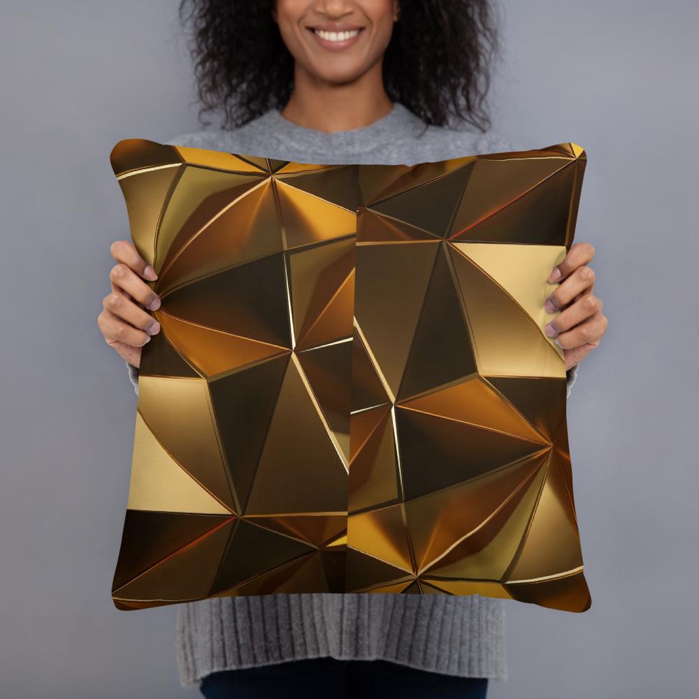 Metallic Geometric Throw Pillow – 18x18” | Gold & Bronze Triangular 3D Design