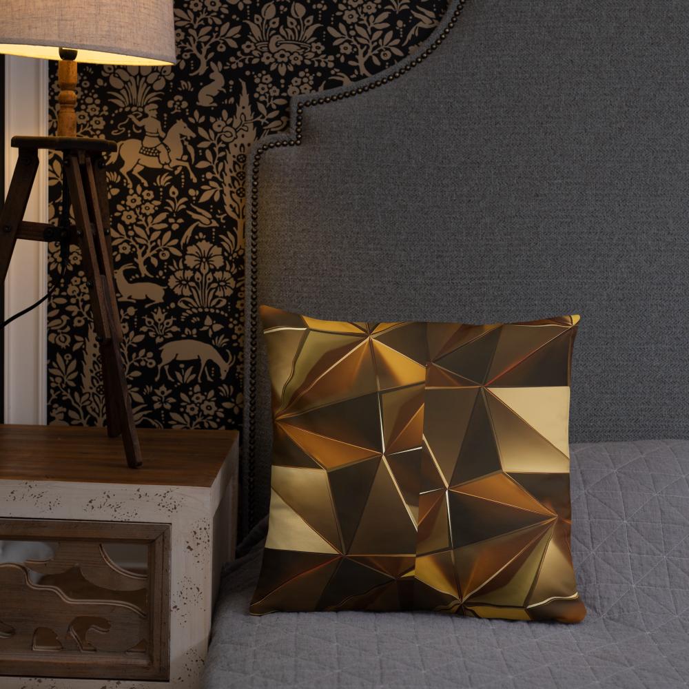 Metallic Geometric Throw Pillow – 18x18” | Gold & Bronze Triangular 3D Design