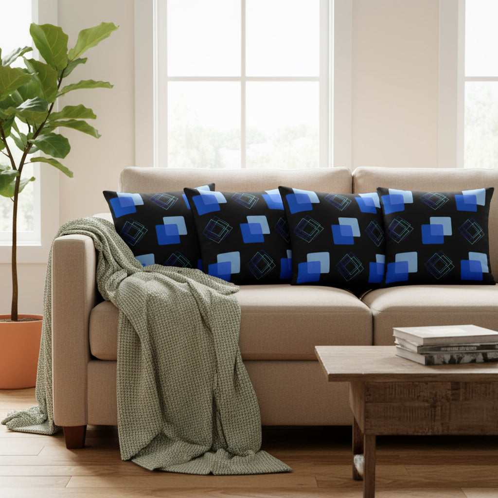 Geometric Blues Throw Pillow – 18×18” Modern Abstract Decor in Black & Mint