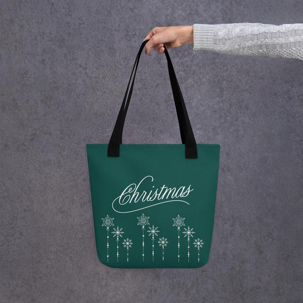 Green “Christmas” Tote Bag with White Holiday Elements – 15”x15” Festive Carryall