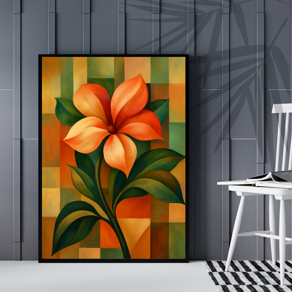 Orange Botanical Flower Wall Art – Vibrant Printable Floral Poster on Patterned Background