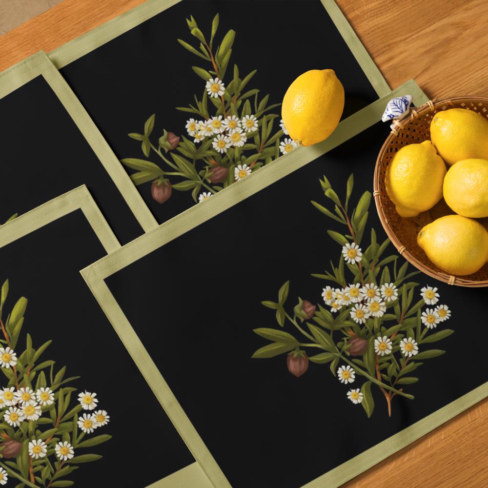 Black & Green Floral Placemat Set of 4 – 18x14 Inch Washable Heat-Resistant Dining Table Mats
