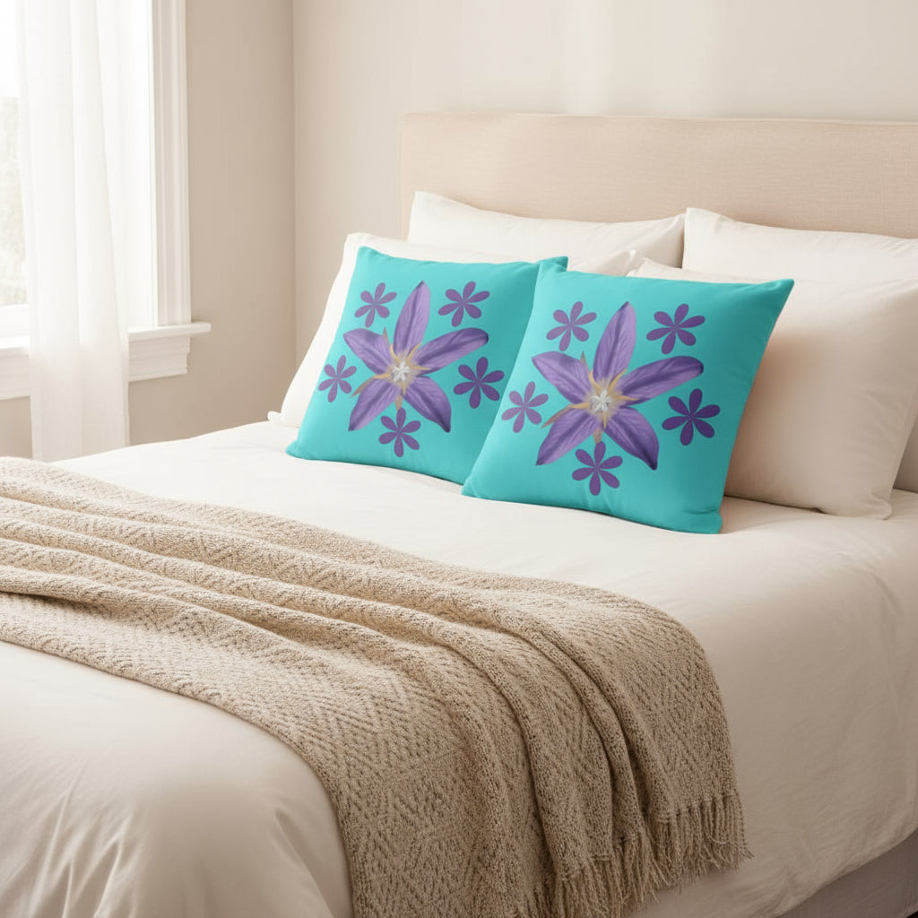 Mint Green Throw Pillow with Purple Flower Cluster – 18x18” | Artistic Floral Centerpiece