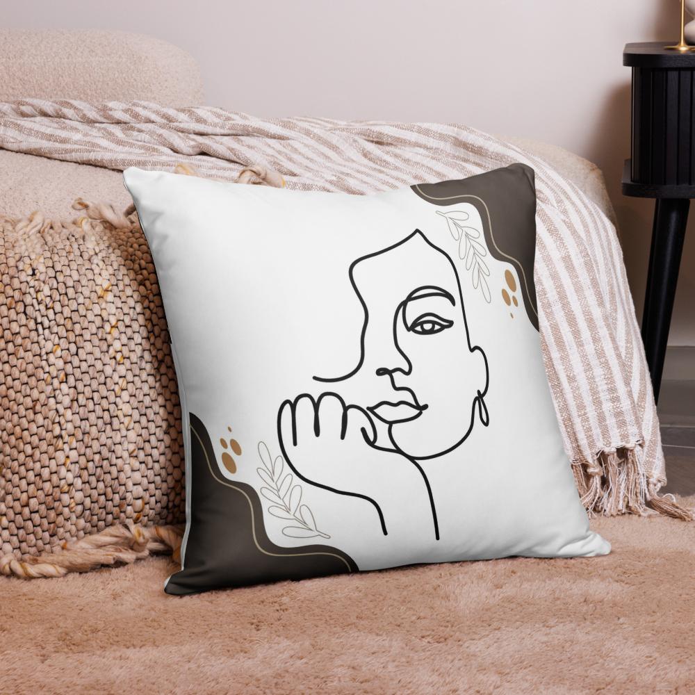 White Throw Pillow with Brown Boho Designs & Minimalist Woman Face Line Art – 22x22”