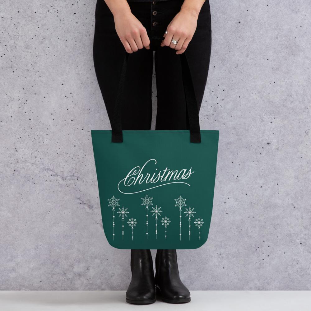 Green “Christmas” Tote Bag with White Holiday Elements – 15”x15” Festive Carryall