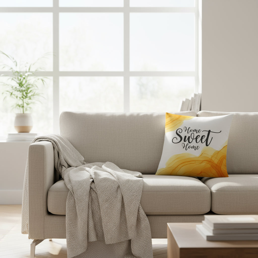 Orange & White Marble Throw Pillow – “Home Sweet Home” Decorative Cushion 22x22”