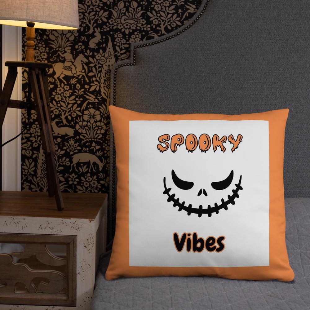 Spooky Vibes Halloween Pillow – 18x18 Orange & White Throw Cushion