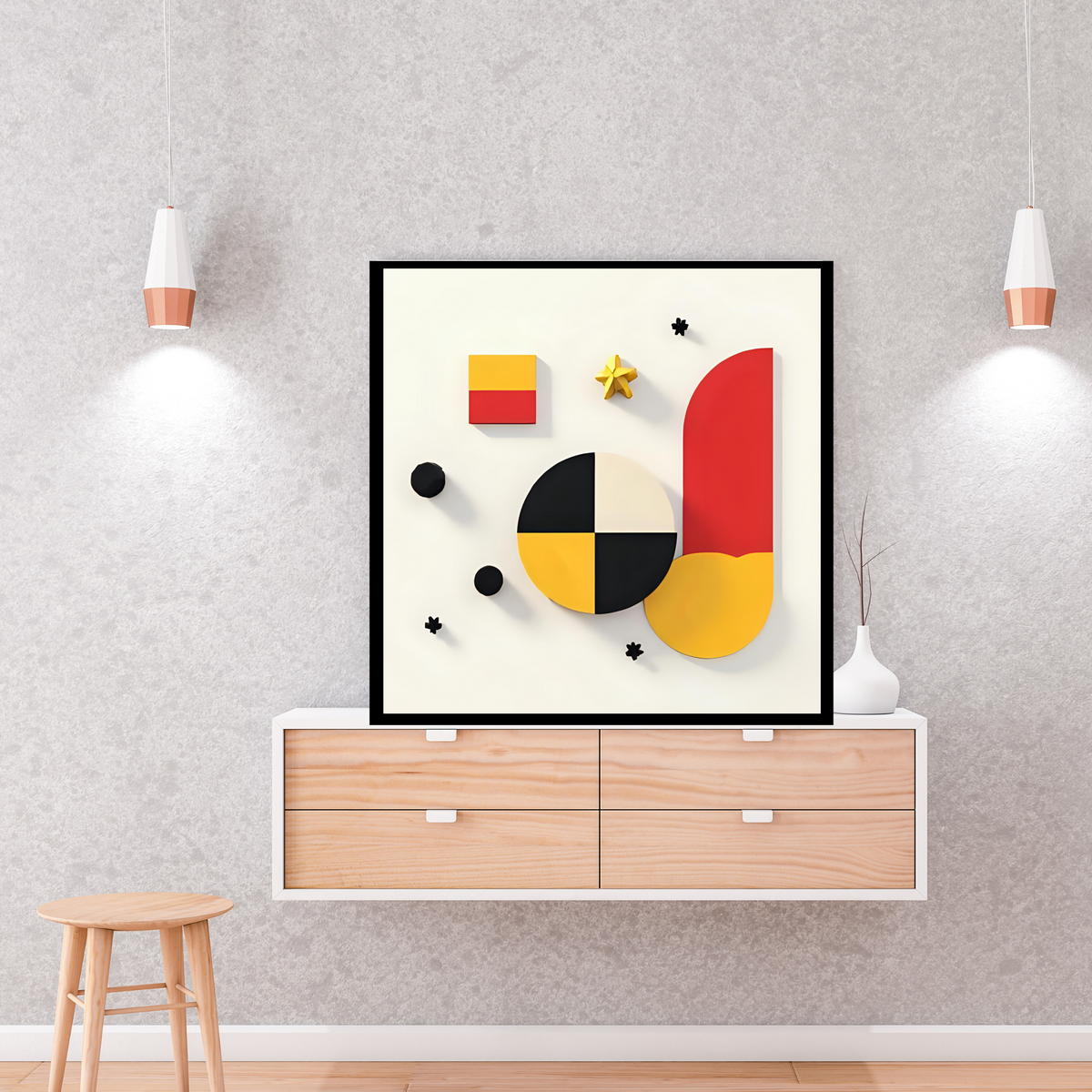 Premium Abstract Wall Art Set – Red, Yellow & Black on Off-White (3 Digital Prints – 16x16, 20x20, 24x24 in)