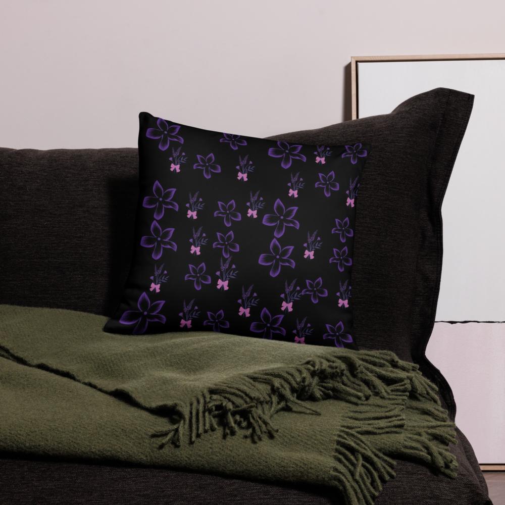 Black Throw Pillow with Purple Flowers & Butterflies – 18x18” | Elegant Night Garden Design