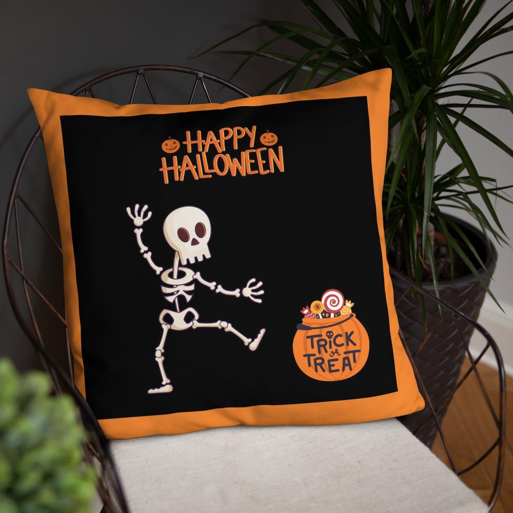 Happy Halloween Skeleton & Candy Treats Throw Pillow – Black & Orange 22x22” Decorative Cushion