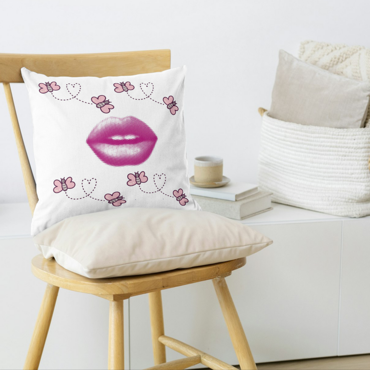 Kiss & Buzz Throw Pillow – Pink Lips and Heart-Trail Bees (18x18”)