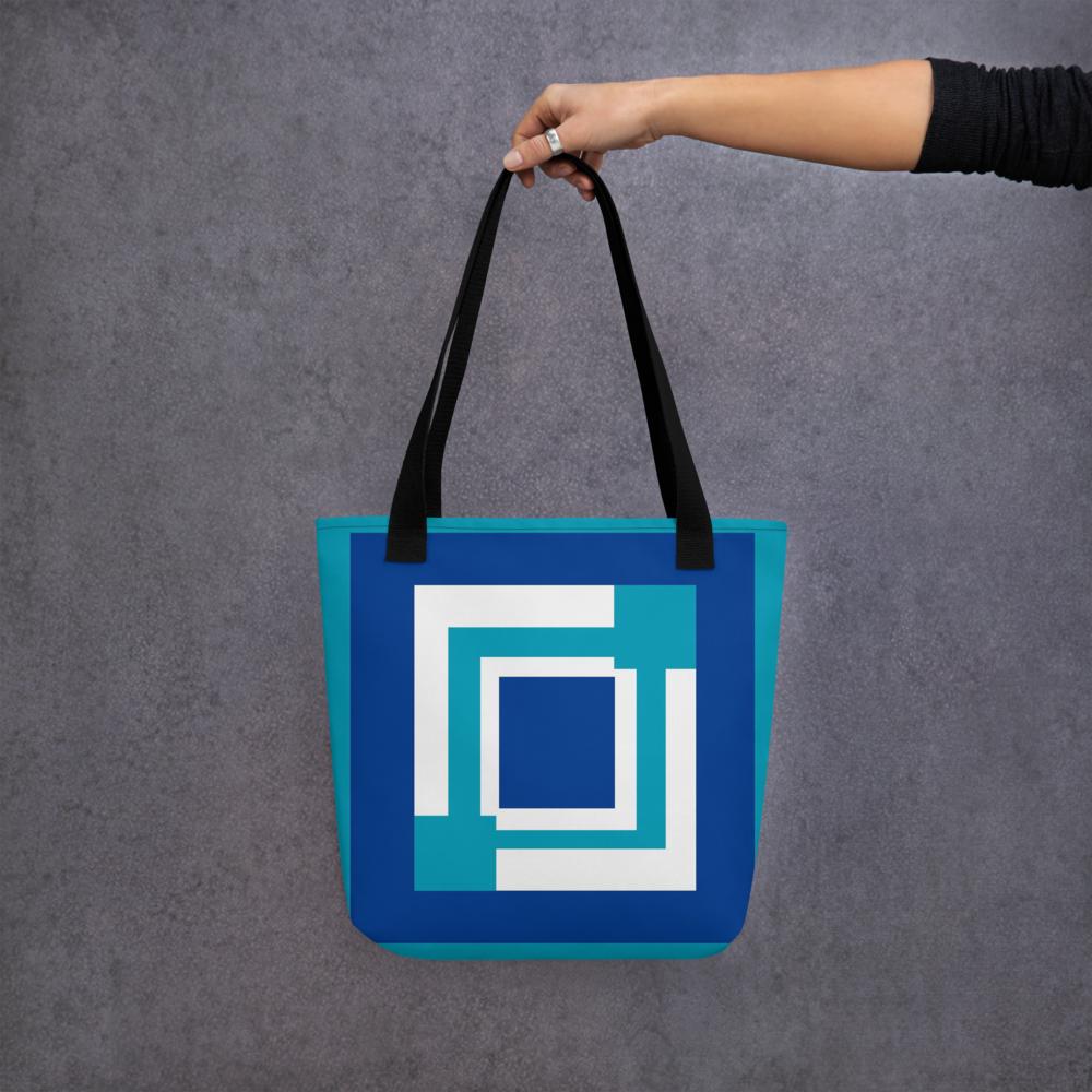 Royal Blue & White Abstract Squares Tote Bag – 15”x15” Modern Geometric Carryall