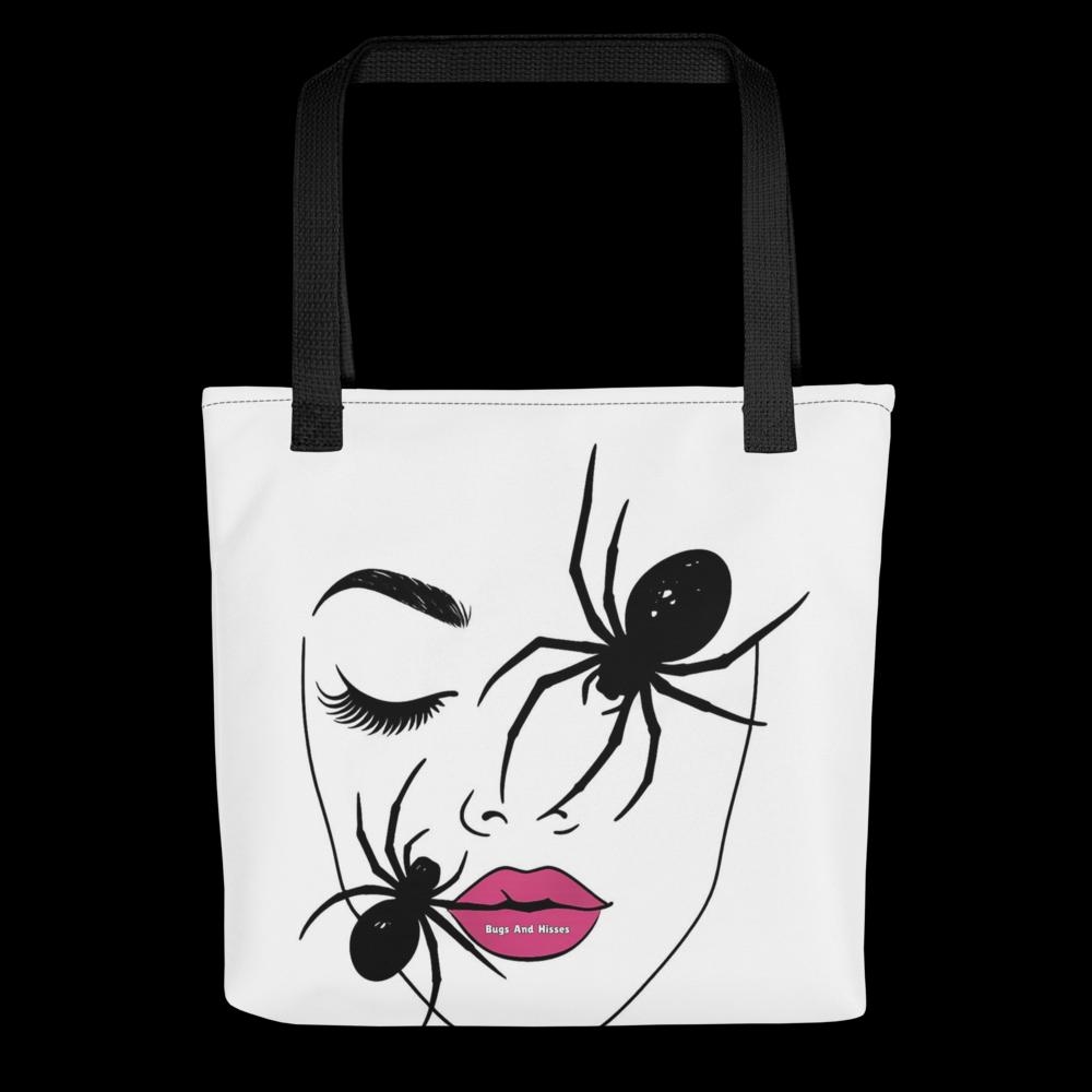 White “Haunted Beauty” Halloween Tote Bag – 15”x15” Artistic Woman’s Face with Black Moths