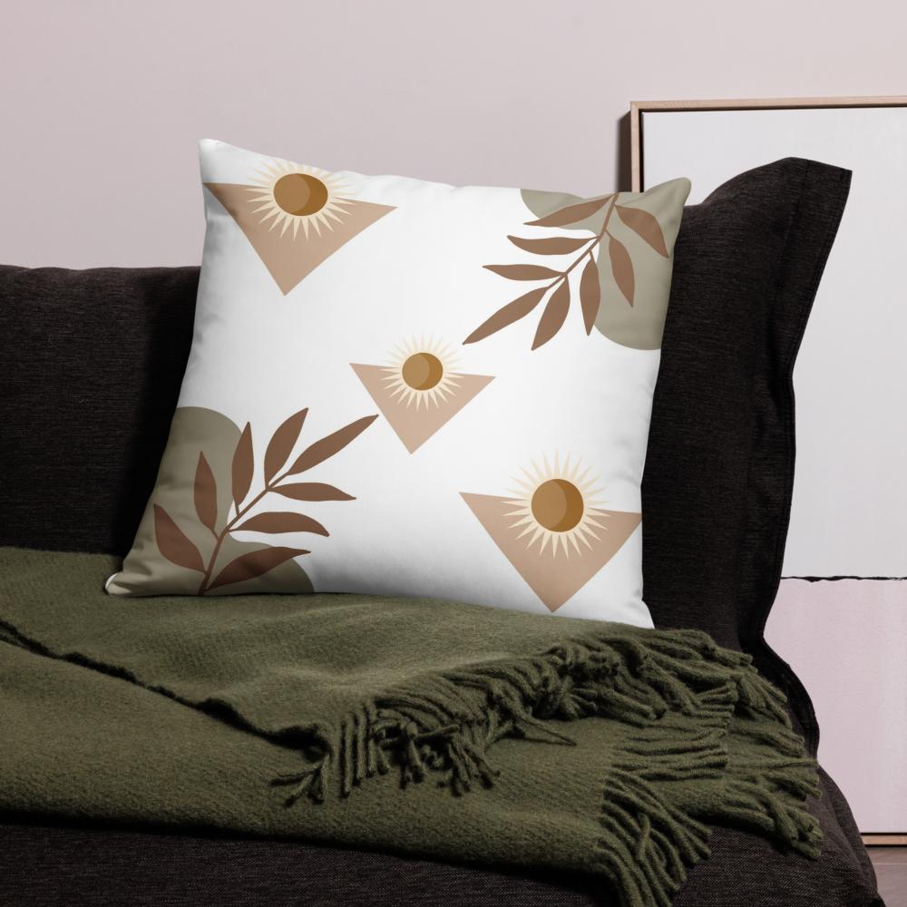 White Throw Pillow with Brown Boho Designs – Decorative Cushion 22x22”