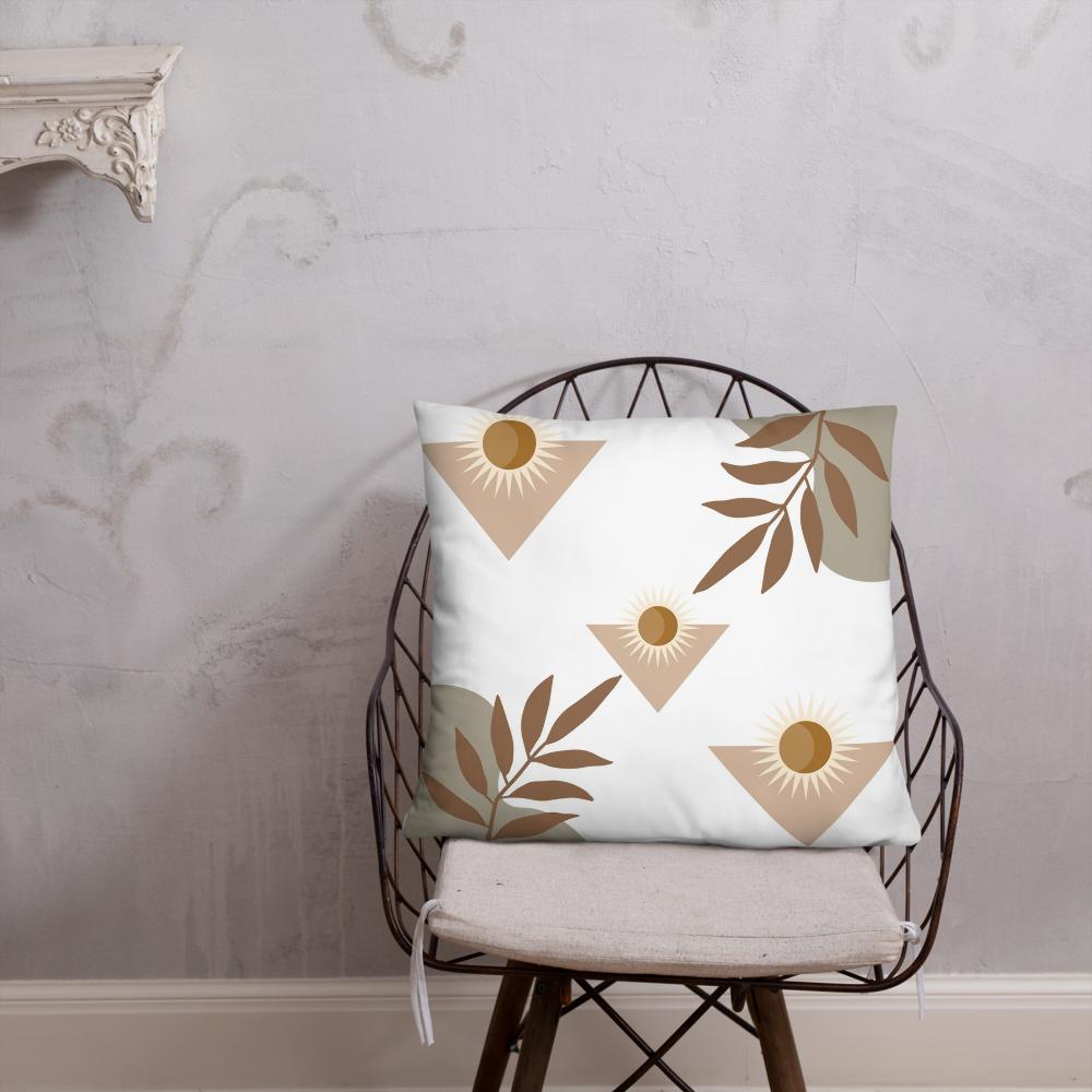 White Throw Pillow with Brown Boho Designs – Decorative Cushion 22x22”