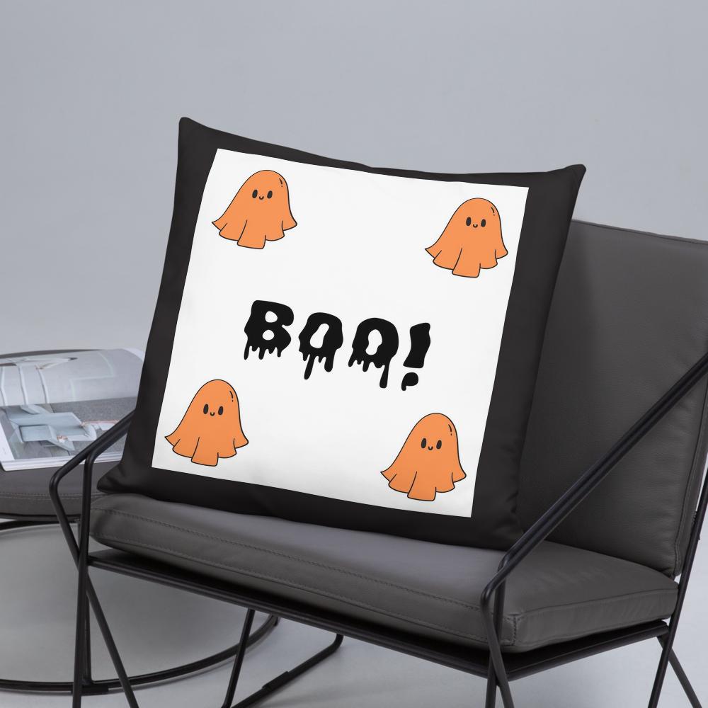 Halloween B.O.O. Throw Pillow – 18x18 Black, White & Orange Accent Cushion