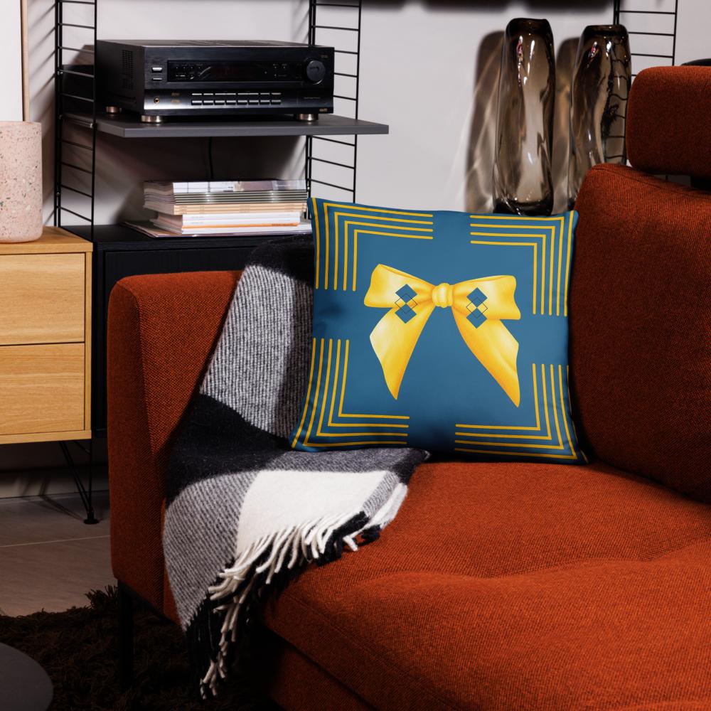 Modern Blue Square Pillow with Yellow Detailing – 18x18 Sofa & Bed Accent Decor