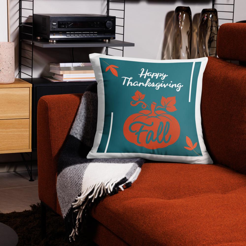 Happy Thanksgiving & Fall Throw Pillow – Teal, Orange & White | 22×22 Inches