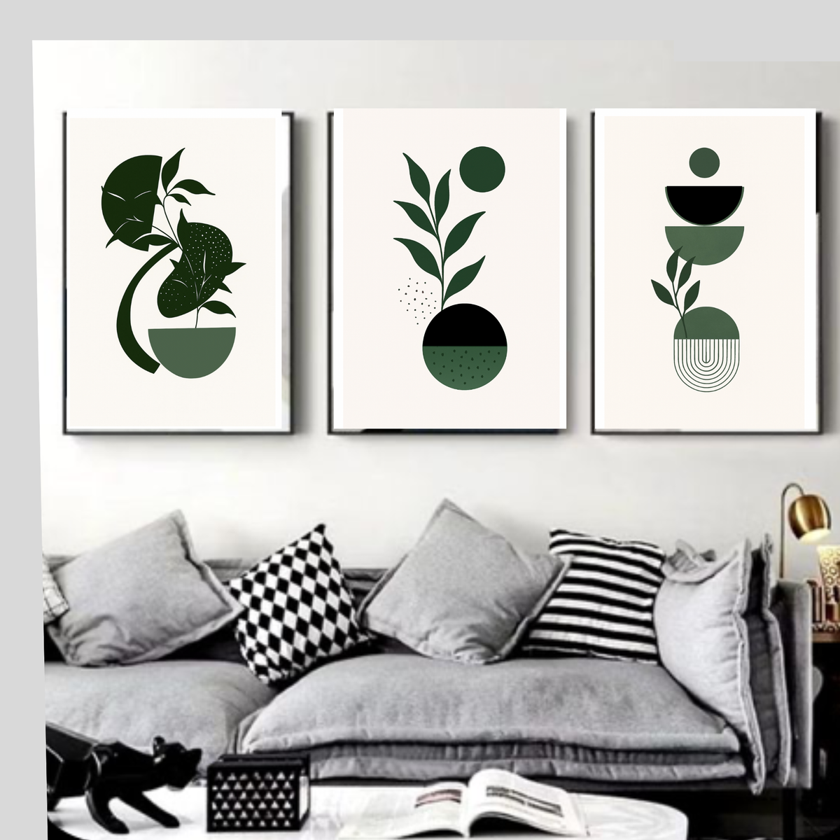 Boho Green and Black Wall Art Set of 3 | Modern Botanical Digital Prints | Minimalist Bohemian Home Decor | Printable Wall Art Trio