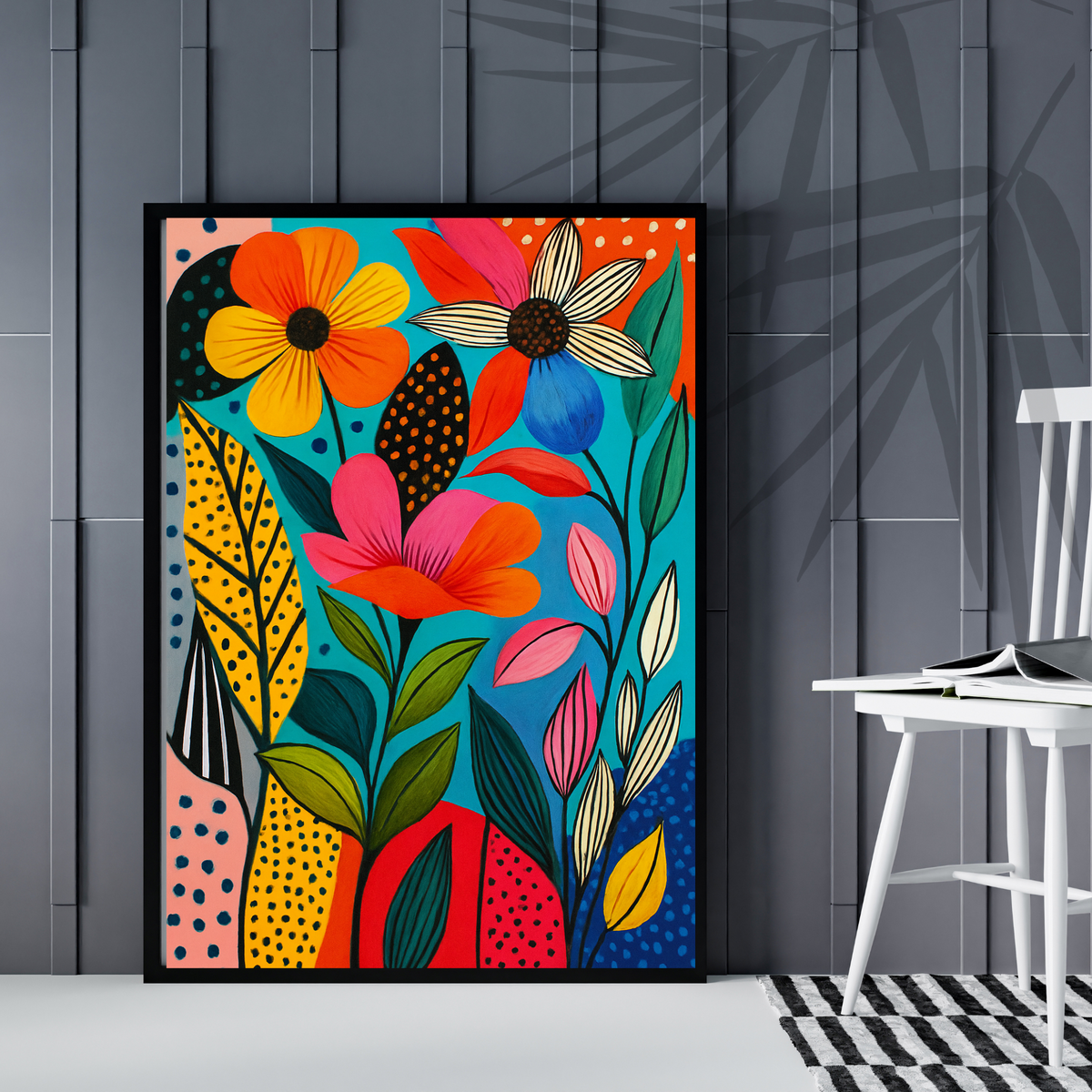 Bold Botanical Flower Wall Art – Colorful Floral Printable on Blue Background
