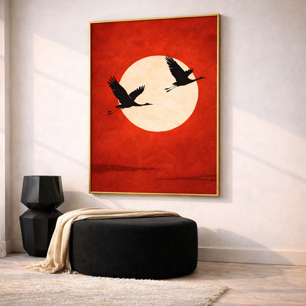 Japanese Crane Wall Art Set – Modern Red Sun Printable Decor – Minimalist Asian Inspired Digital Download (11x14, 16x20, 18x24, 24x36)