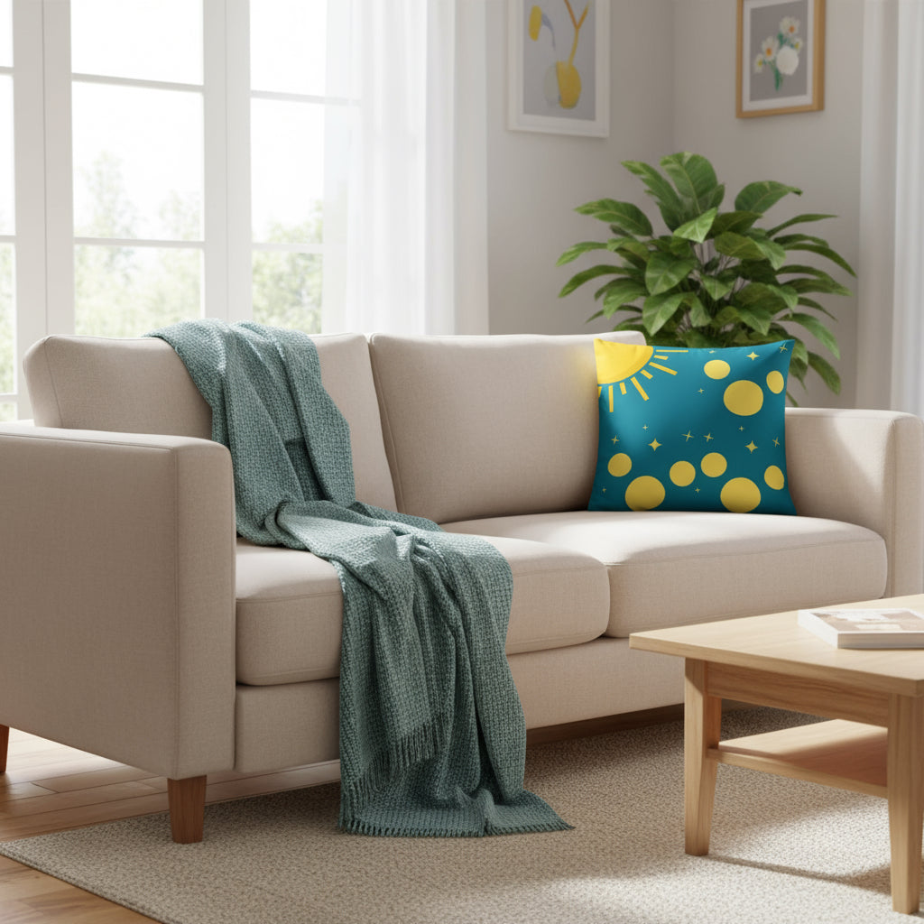Green Throw Pillow with Sun, Circles & Diamonds – 18x18” | Playful Geometric Accent