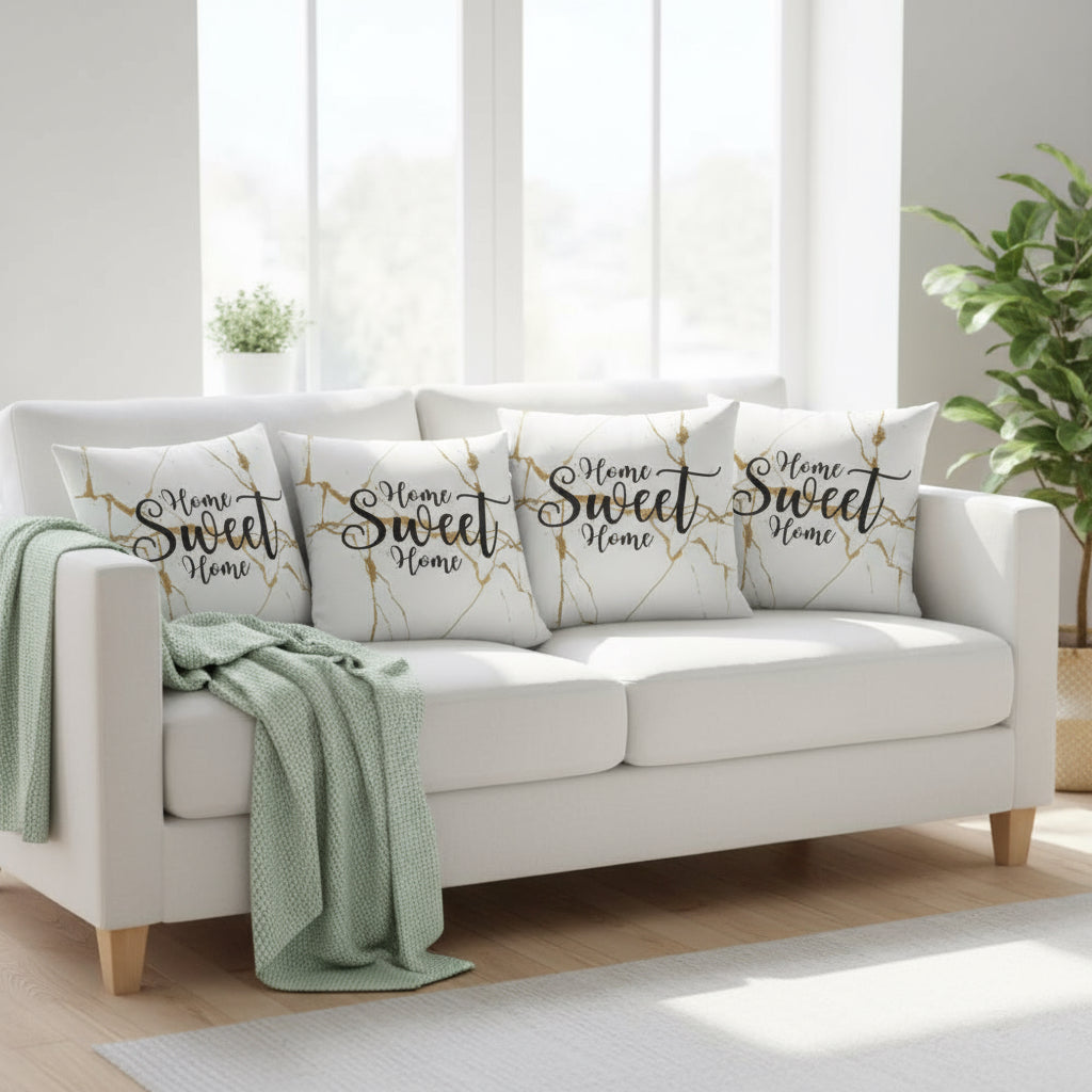 White Throw Pillow with Gold Design – “Home Sweet Home” Decorative Cushion 22x22”