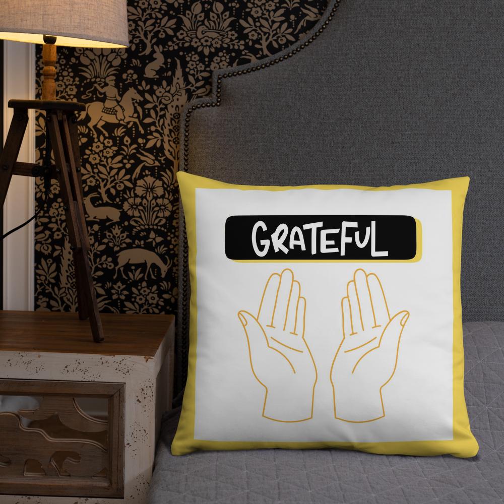 Grateful Thanksgiving Pillow – 22x22” White & Yellow Cushion with Open Palms