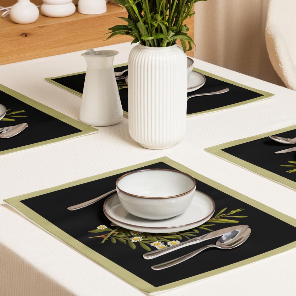 Black & Green Floral Placemat Set of 4 – 18x14 Inch Washable Heat-Resistant Dining Table Mats
