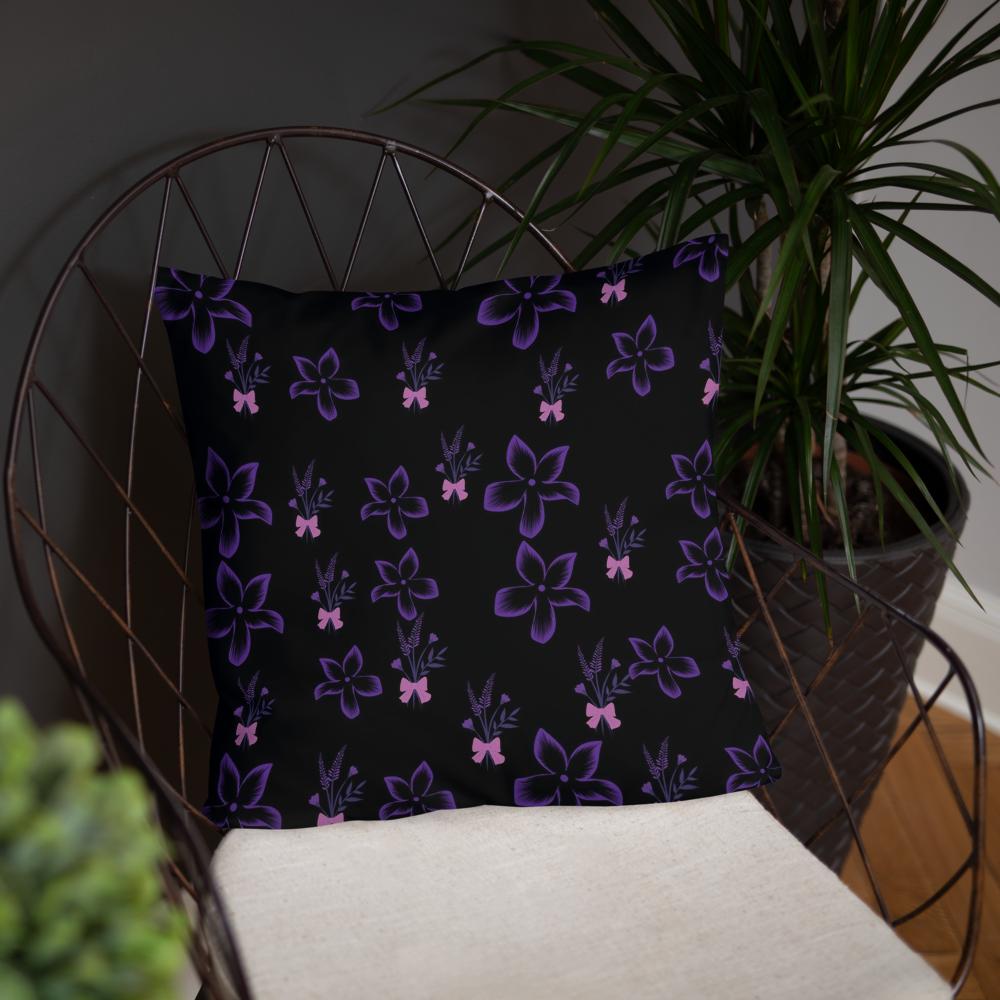 Black Throw Pillow with Purple Flowers & Butterflies – 18x18” | Elegant Night Garden Design