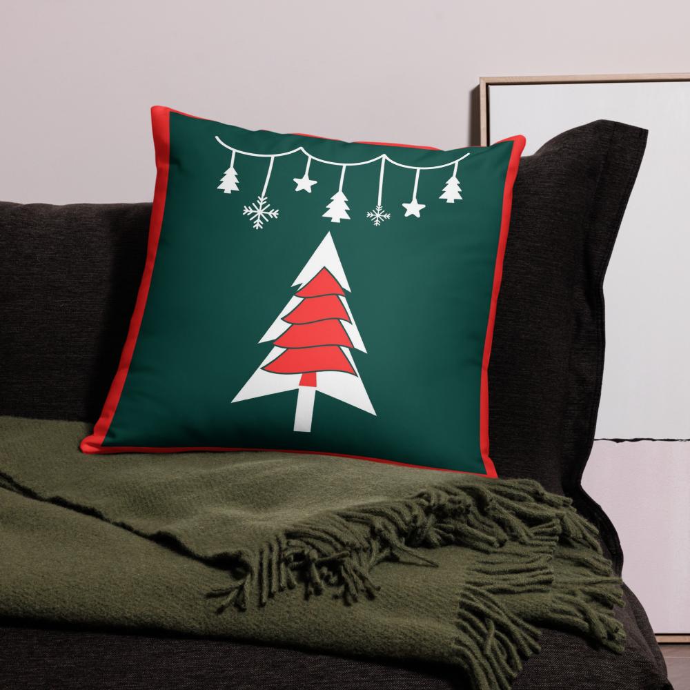 Festive Green & Red Christmas Tree Throw Pillow – 22x22” Holiday Cushion for Living Room & Bedroom Decorating